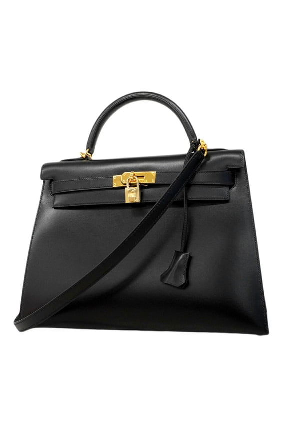 Pre-Owned Hermes Kelly 32 Handbag, Box Calf Leather, Black, F Stamp, 2-way Bag, Women's,...
