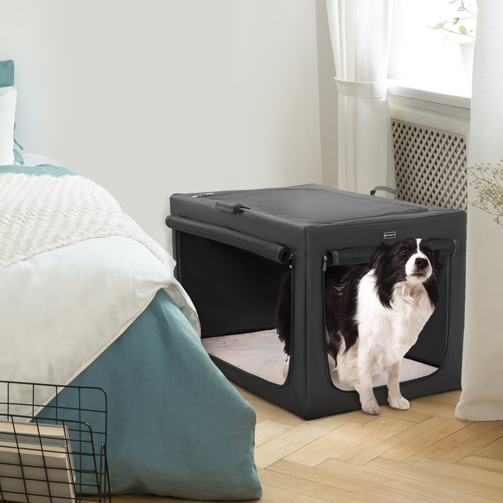 Petsfit 36" L x 24" W x 23"H Portable Dog Travel Crate for Medium To Large Dog,Soft Pet Kennel 3 Door Design,Black