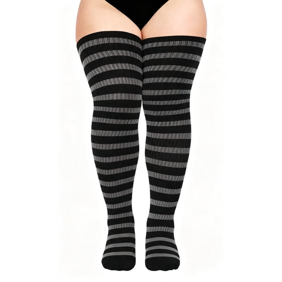 DOVACKA Plus Size Thigh High Socks for Women, Extra Long Knit Cotton Striped Over Knee Leg Warmers, Breathable Stretchy, Great for Halloween Costume & Cool Weather