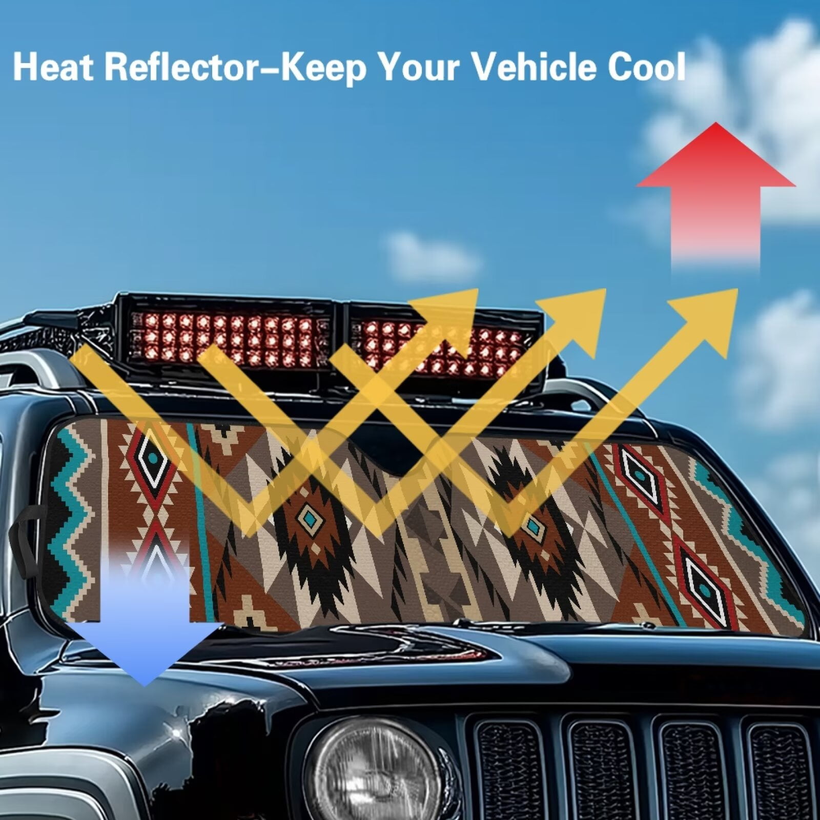 HUIACONG Aztec Tribal Windshield Sun Shade for 2018-2024 Jeep Wrangler JL JLU & Gladiator JT, Sunshades Heat Shield, Aluminum Foil Triple Laminate Structure, Silver Keep Vehicle Cool