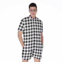 Black And White Check Pattern Short Sleeve Men'S Rompers, Checkered Caro Plaid Tartan Casual Summer Jumpsuits Outfit