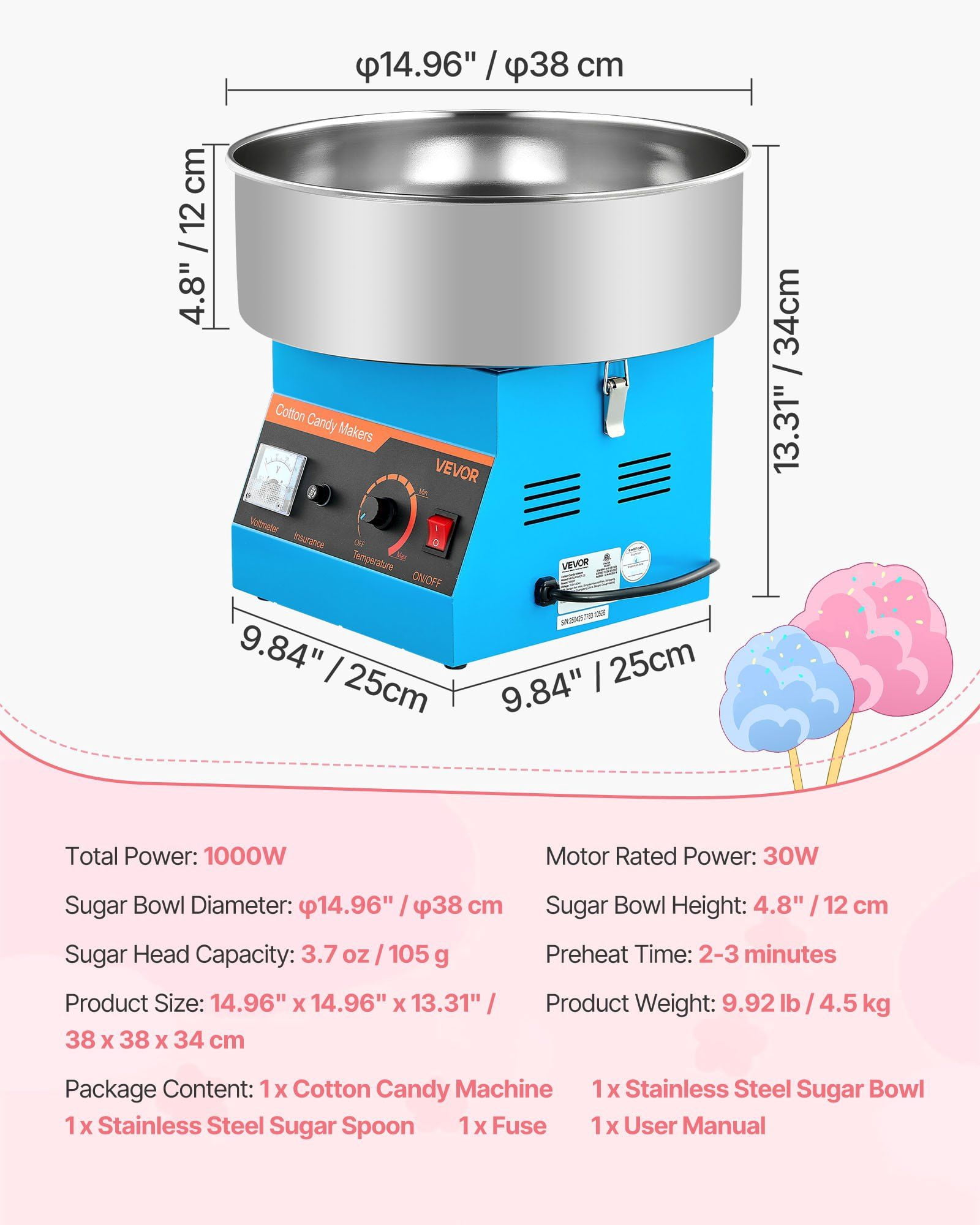 Electric Cotton Candy Machine, 1000W with 15" Bowl & Scoop, Perfect for Home and Parties