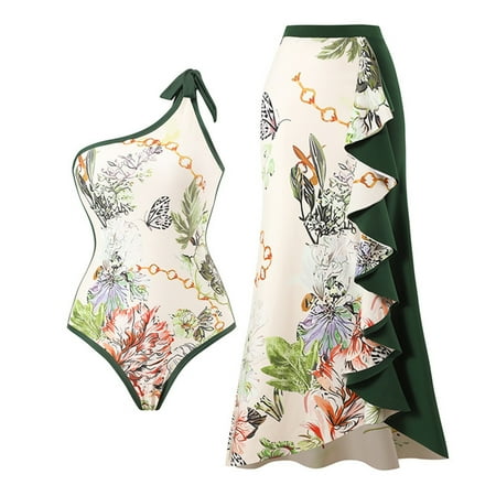IBTOM CASTLE Womens V Neck 2 Pieces Swimsuit with Beach Cover Up Sarong Bikini Skirt Set Bathing Suit Swimwear M Beige + Green Ruffle