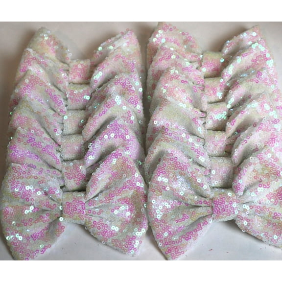 Set of 12 AB White Sequin Bows 5 Inches Large Glitter Bows Wholesale Bows, DIY Fabric Hair Bows - No Clips