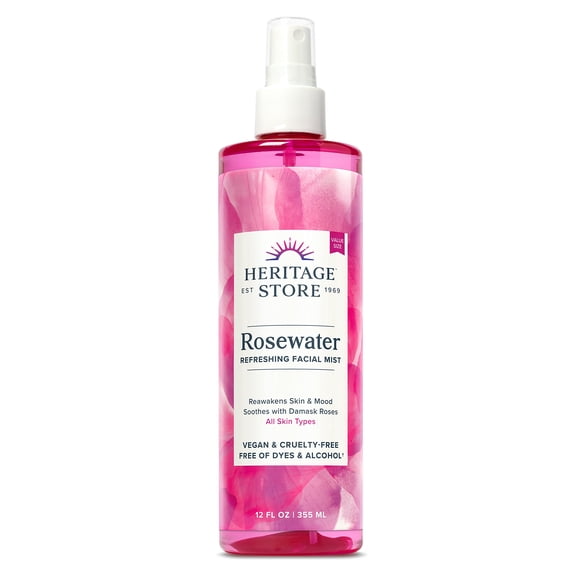 Heritage Store Rosewater, Refreshing Facial Mist for Glowing Skin, With Damask Rose Oil, All Skin Types, Rose Water Spray for Face Made Without Dyes or Alcohol, Vegan & Cruelty Free (12oz)