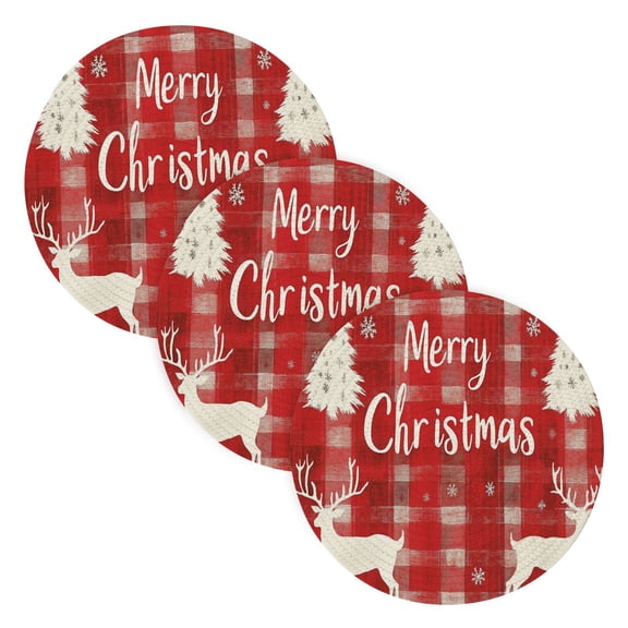 BZSMCE Mats for Pots,Pans Place Christmas Light Red Plaid Pattern with Reindeer Simple Style Pattern Pot Mats