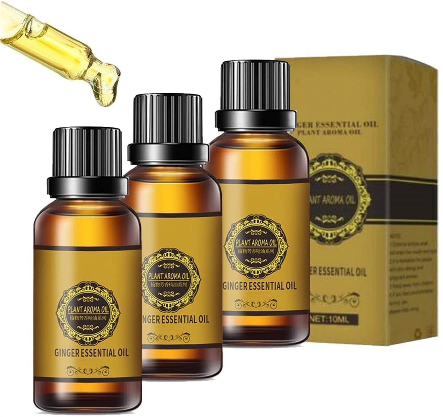3PCS Belly Drainage Ginger Oil, Lymphatic Drainage Ginger Oil, Slimming Tummy Ginger Oil, Ginger Essential Oil for Swelling and Pain Relief, Care for Skin (10ML/Bottle)