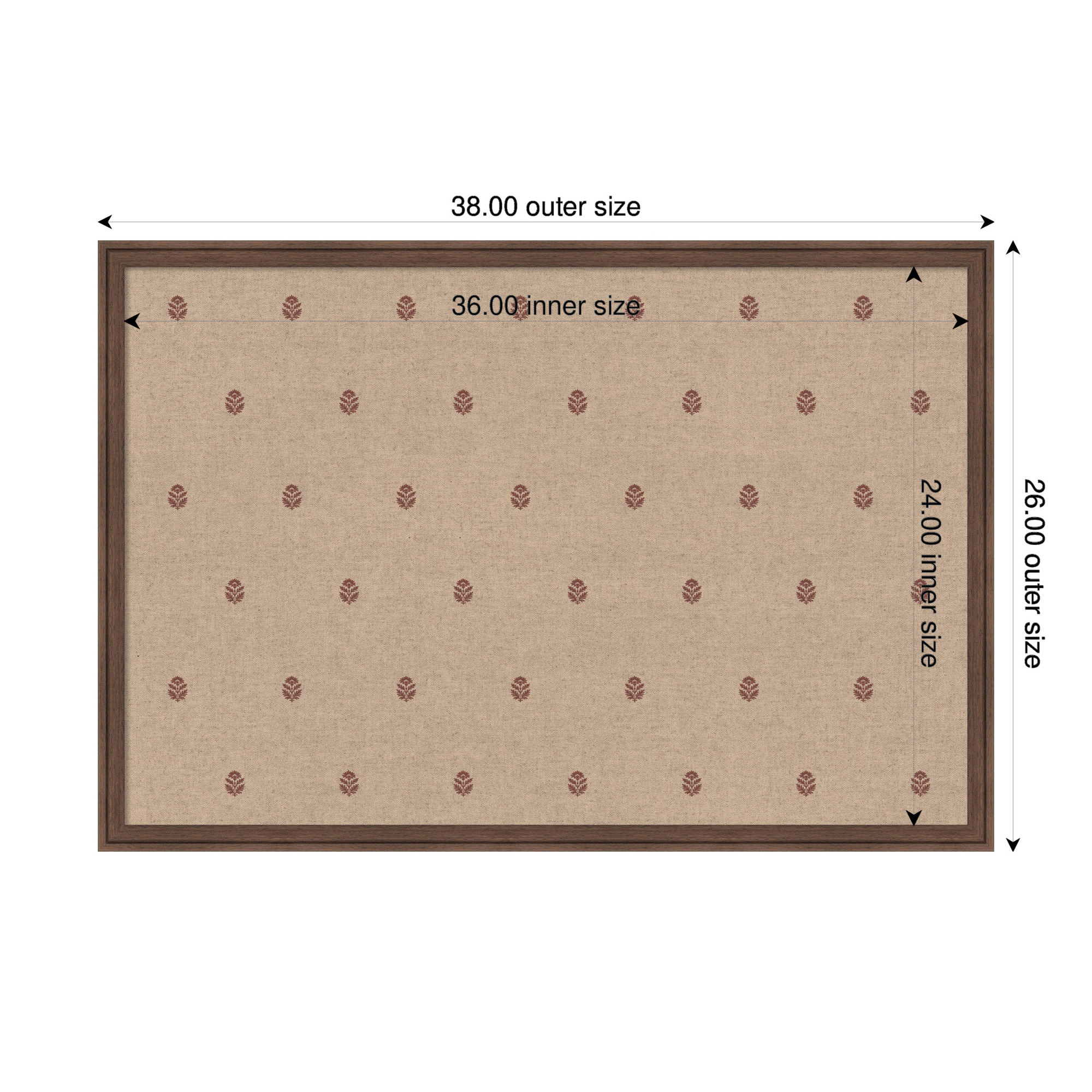 Kate and Laurel Framed Fabric Pinboard 38 x 26, Red Botanical Block Print Printed Linen Classic Bulletin Board for Use as a Vision Board or Wall Organization, Florence Medium Brown Frame