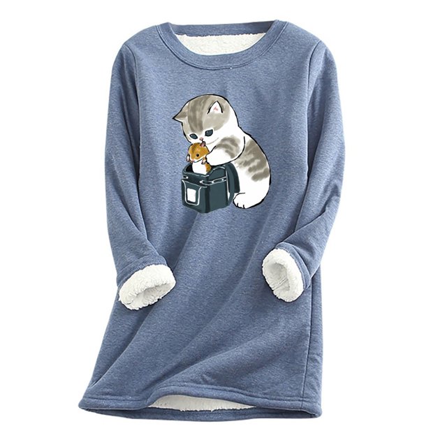 Mujer Vintage Loungewear Manga Larga Lindo Gato Estampado Blusa Otoño Polar Sudadera Top Odeerbi ODB113112
