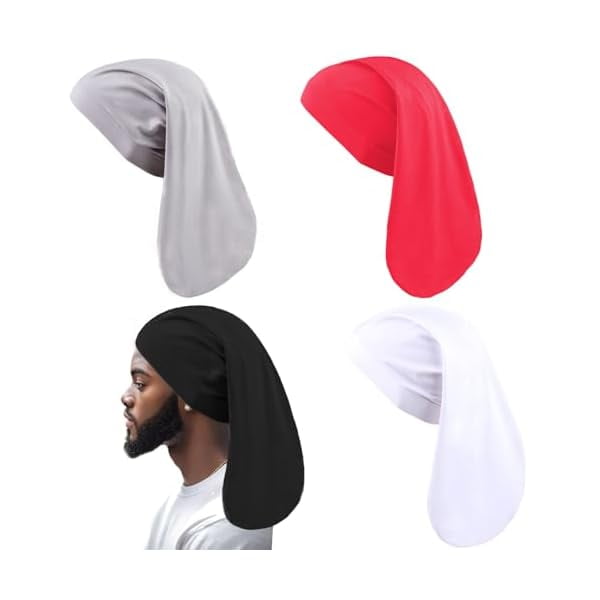 wonima11 4 Pcs Dreadlock Stocking Caps for Men Spandex Dreadlock Cap Overnight Sleep Cap Elasticity Soft Lightweight Sleeping Head Wrap Headwear for Men and Women (Black, White, Gray, Red)