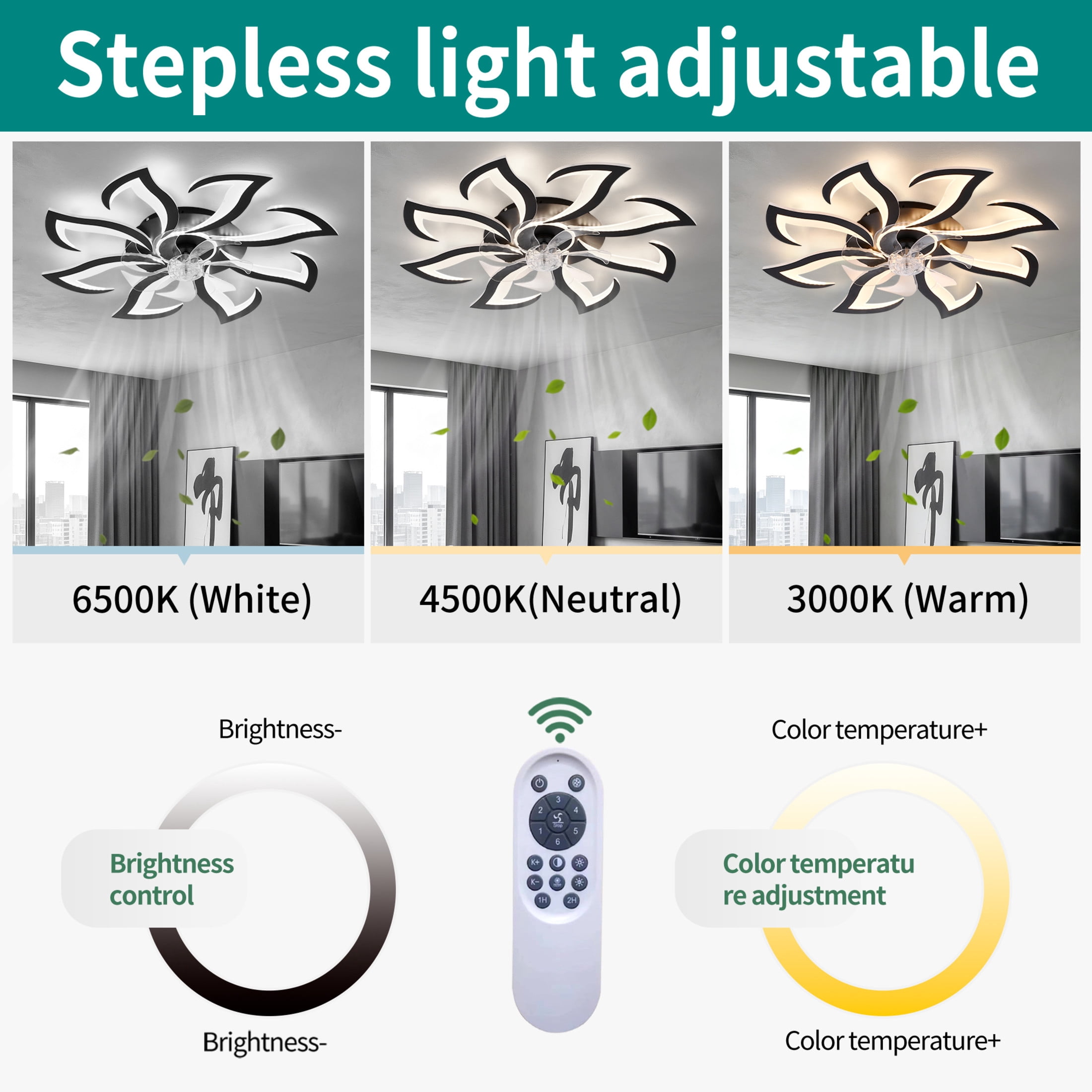 GDF Studio 8-Head Flower Modern Ceiling Fan with LED Lights & Remote Control, Low Profile Flush Mount Fandelier, Black