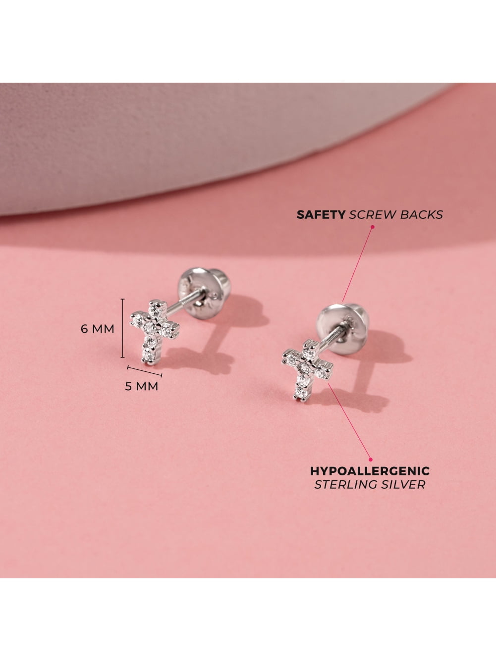Delicate CZ Cross 6mm Baby / Toddler Earrings Screw Back - Sterling Silver
