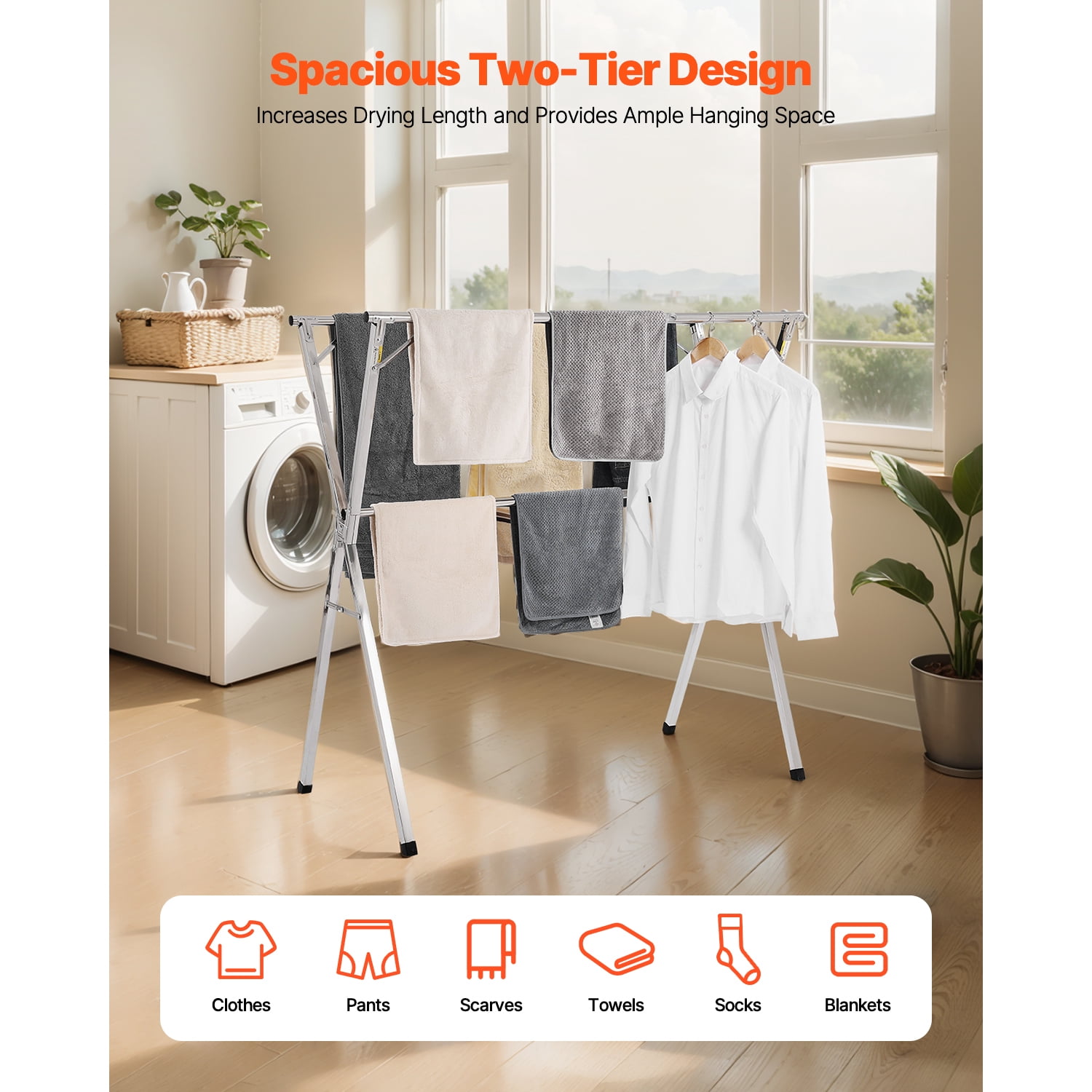KFFKFF 2-Tier Telescopic Laundry Drying Rack, Stainless Steel Clothes Dryer with 30 Windproof Slots and 2 Shoe Holders, Portable and Free-Standing Design for Indoor and Outdoor Use