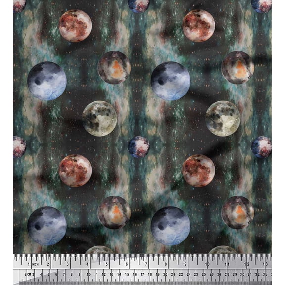 Soimoi Green Rayon Fabric Moon & Planet Galaxy Print Sewing Fabric Yard 42 Inch Wide