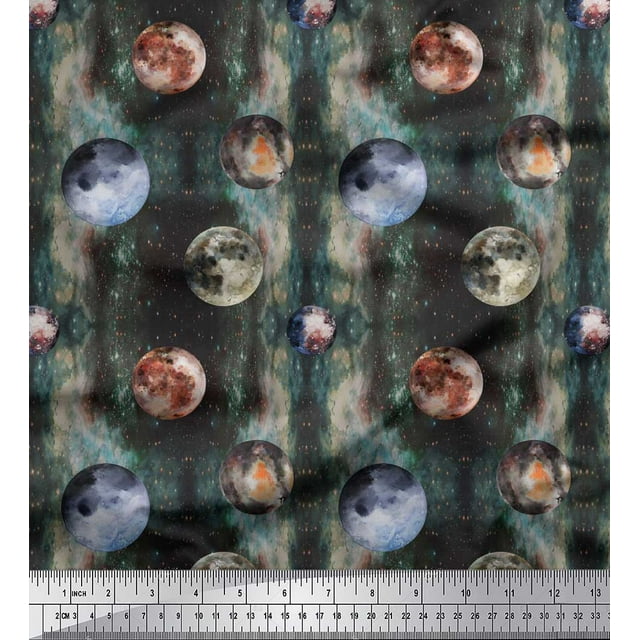 Soimoi Green polyester Crepe Fabric Moon & Planet Galaxy Print Fabric by the Yard 52 Inch Wide