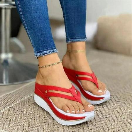 

PU Flat Heel Slide Shoes Women Thongs Slippers Casual Bulky Platform Sandals