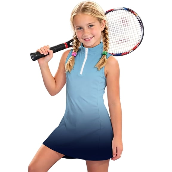 CAIVO Child Girls Athletic Dress Summer Fashion Gradient Sleeveless Zipper Stand Collar Kids Mini Tennis Shift Dresses For Sportswear