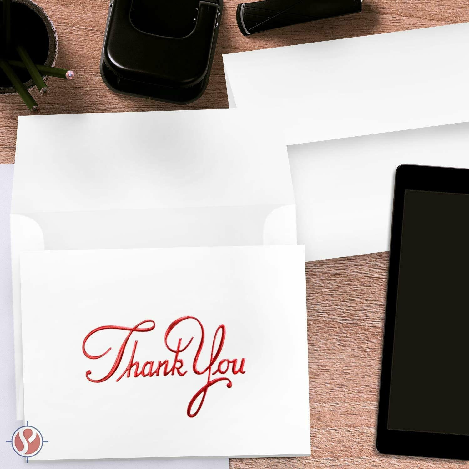 Business Thank You Cards, Nice Elegant Red Embossed, Half Fold White Blank Greetings, Gift & Presents | Holiday, Baby & Bridal Shower, Wedding, Graduation, | Set of 25 Cards & 25 Envelopes