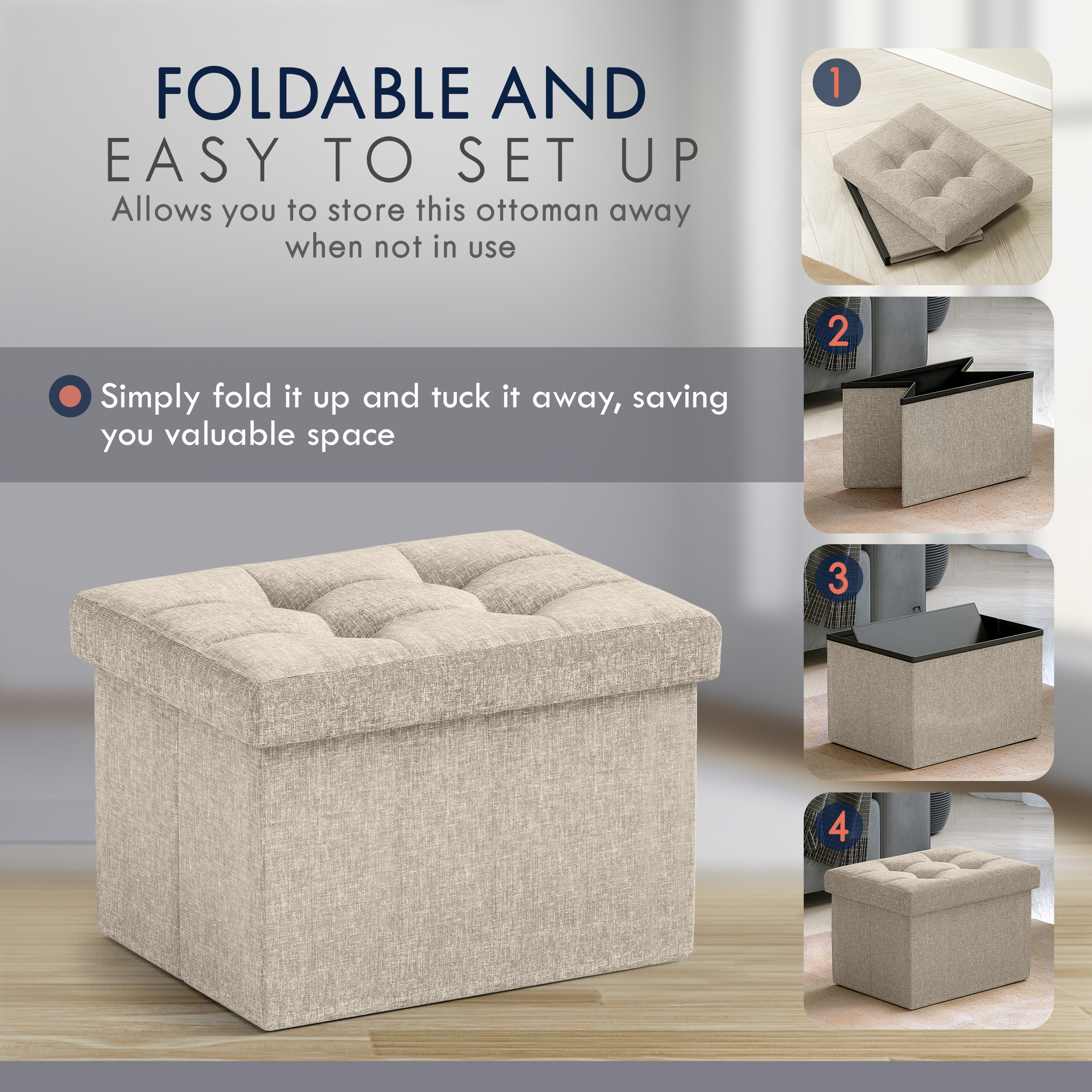 Ornavo Home Small Storage Ottoman, Beige Linen photo 4