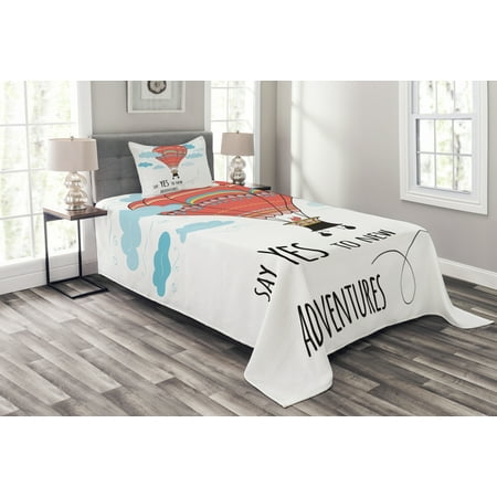 Cartoon Bedspread Set Inspirational Quote Say Yes To New Adventures Cute Hand Drawn Hot Air Balloon Decorative Quilted Coverlet Set With Pillow