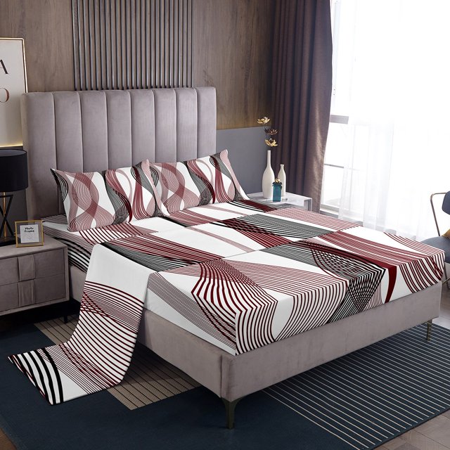 Erosebridal Checkered Geometry Sheet Set Twin, Red Black Bedding Sets Twin Size, Mid Century 3 Pieces