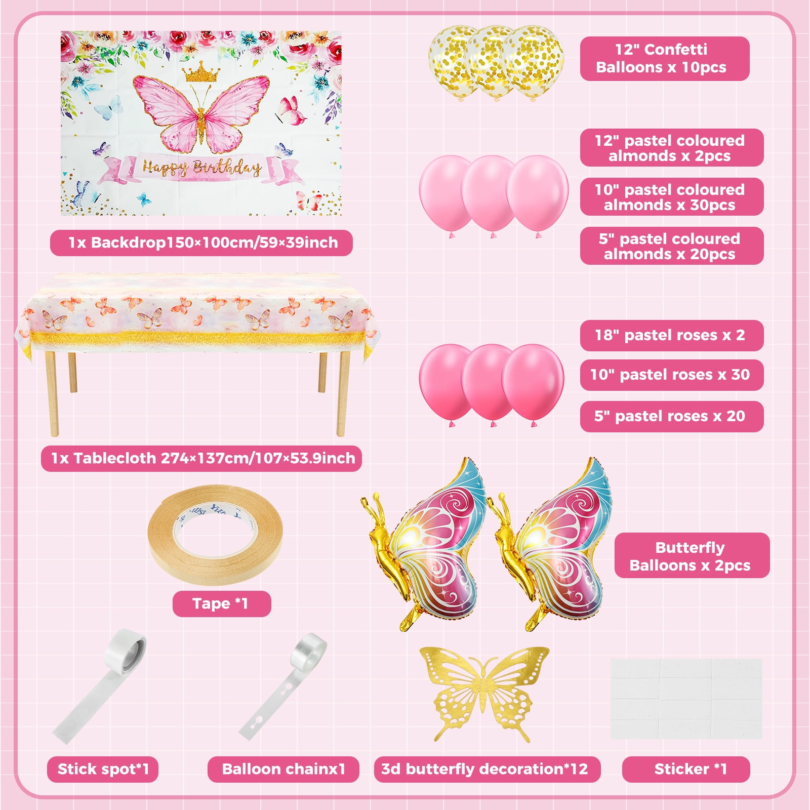 126Pcs Pink Balloon Arch Kit with Foil Butterfly Balloons, Happy Birthday Backdrop & Tablecloth Decorations for Girl's Party