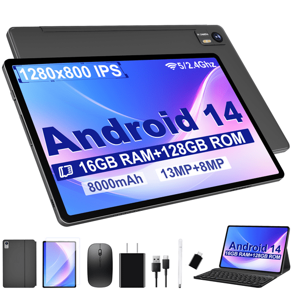Tablet,10 inch HD Tablet Bundle, 128GB, Android 14, 5G, Wi-Fi