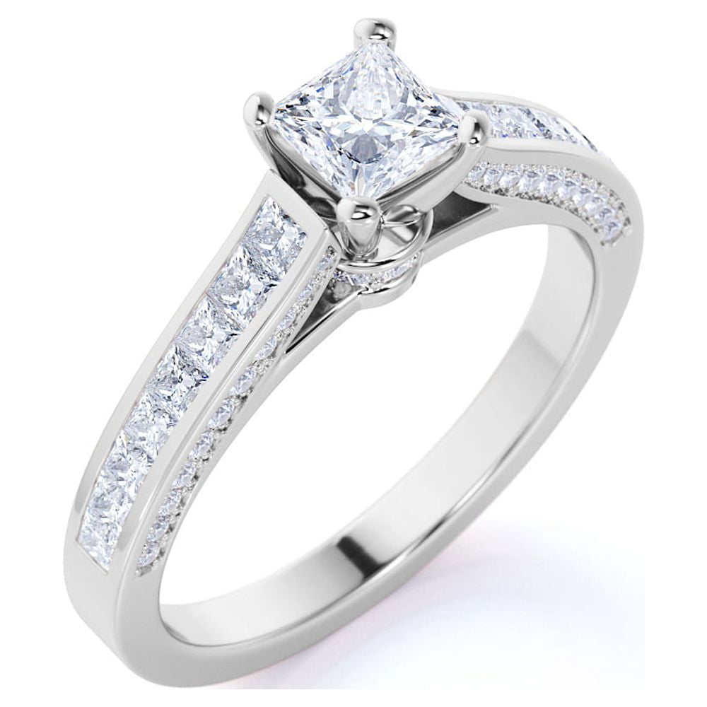 JeenMata Vintage 1 Carat Princess Cut Moissanite - Channel Set Band - Edwardian Engagement Ring in 18K White Gold over Silver