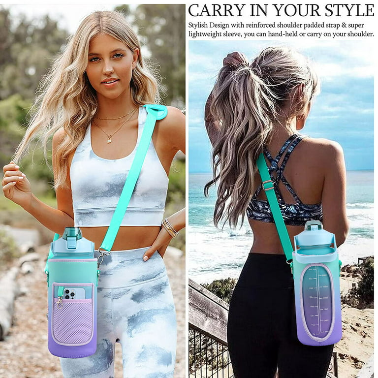 Half Gallon Water Bottle with Sleeve & Strap 64 oz Water Bottle Motivational with Straw & Time Marker to Drink Leakproof Tritan BPA Free Workout Gym