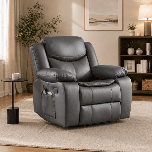 Wide Seating PU Leather Recliner Chair with Massage and Heating Function Living Room Furniture Grey