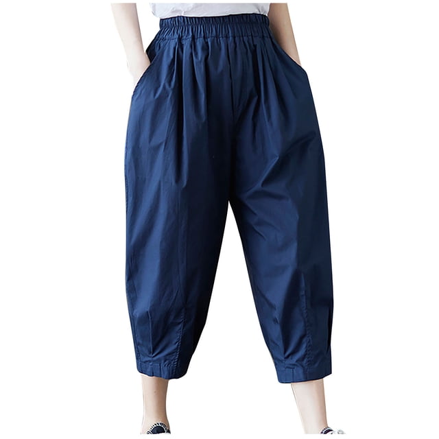 Pantalons Décontractés en Coton et Lin avec Poches pour Femmes