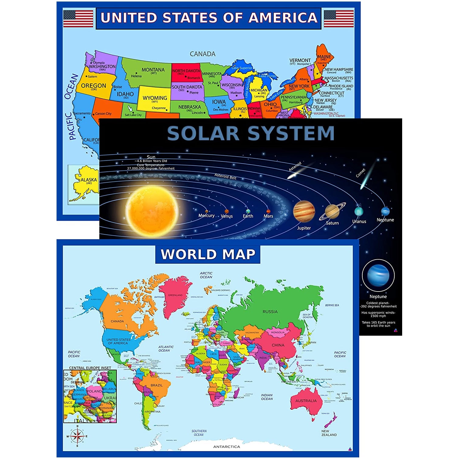 World Map for Kids and Solar System Poster Set Map of The World Wa... 2 Pack 