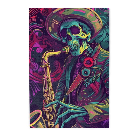 1000 pcs 1000 Piece Wooden Puzzles Skeleton saxophonist,Stunningly Vibrant Colors,Unique Artwork for Adults,Funny Skeleton saxophonist Stress relieving puzzle 1000 Piece,Challenging Brain Exercise