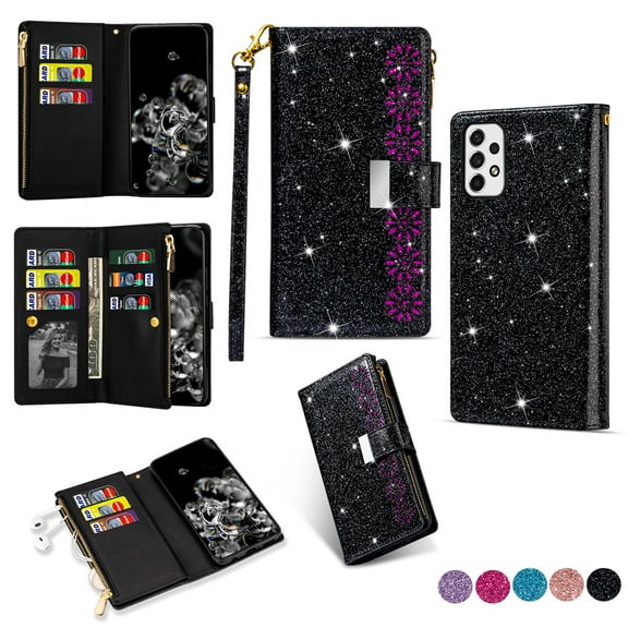 Galaxy A14 5G Case for Girls Women, Allytech Glitter Bling Kickstand Magnetic Clasp Credit Cards Slots Zipper Pocket Flip Cover Wallet Case for Samsung Galaxy A14 5G - Black