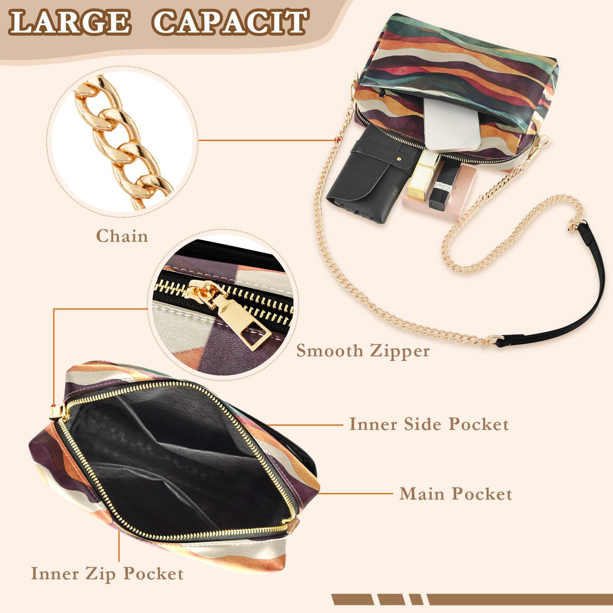 FORMRS Women Crossbody Purse with Chain Strap Vegan Leather Shoulder Handbag, Artistic Desert Pattern