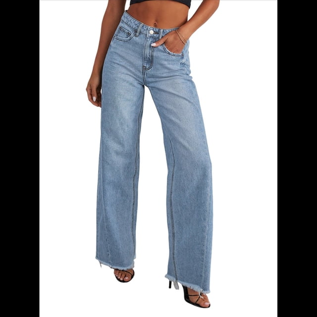 Pantalones Vaqueros de Pierna para Mujer, Cintura Alta, Elásticos, con Dobladillo Sin Rematar Azul S