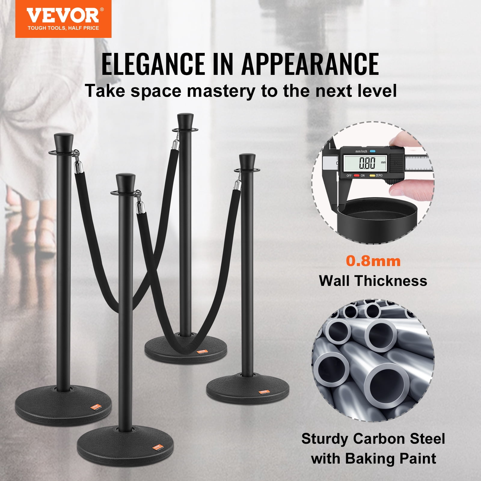 KFFKFF 6-Pack Stanchion Posts with Fillable Base Crowd Barriers Control Stanchions Carbon Steel Queue Pole w/ 6PCS 5FT Velvet Ropes Stanchion Set
