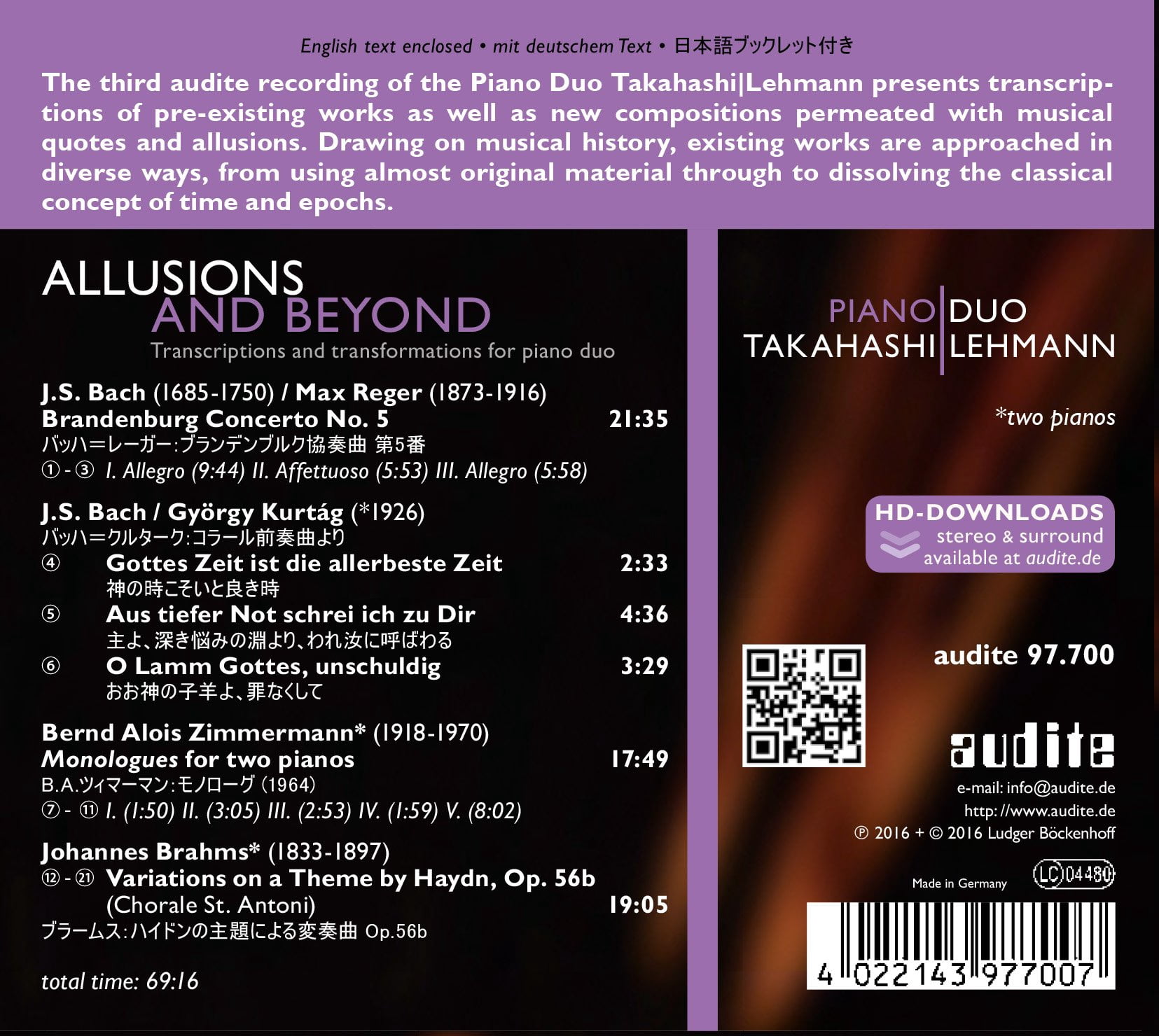Bach,J.S. / Piano Duo Takahashi / Lehmann - Allusions & Beyond: Transcriptions - Music & Performance - CD