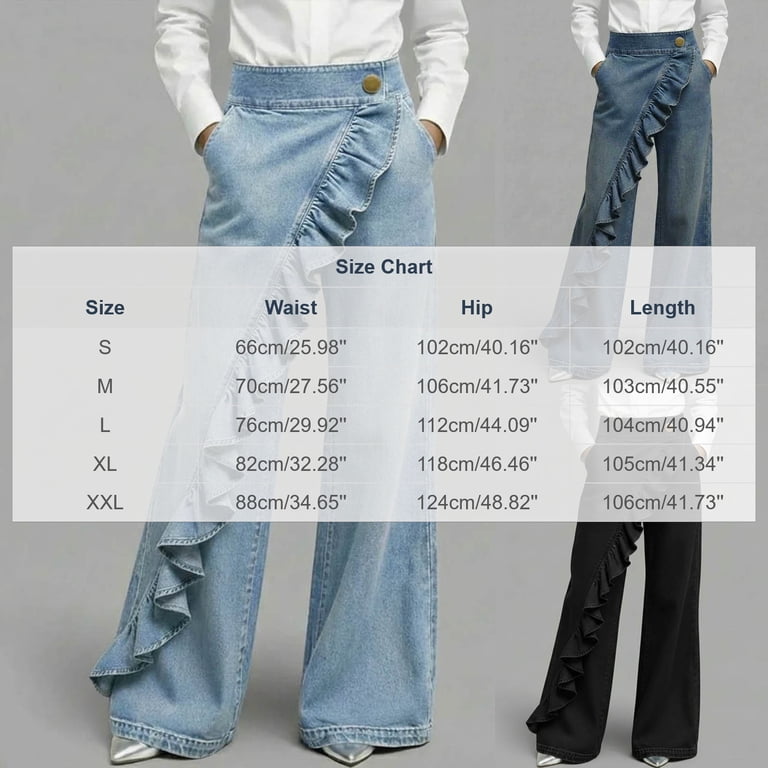 Womens High Waist Ruffle Trim Flared Denim Pants Solid Color
