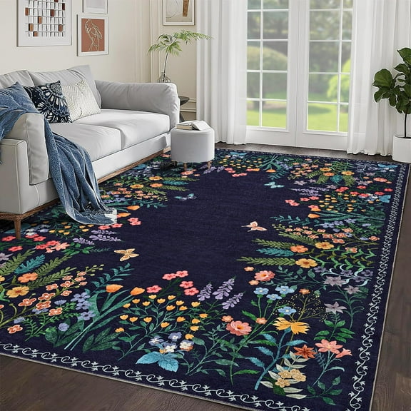BouPower 5x7-10x13 Washable Rugs for Living Room Bedroom, Runner Rugs for Hallway, Floral Print Large Area Rug, Non-Slip Dining Table Throw Mat, Botanical Floor Carpet for Dining Room Office Home