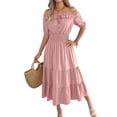 thumbnail image 3 of Women'S Summer Short Sleeves Ruffled Off Shoulder A-Line Midi Dresses Pink L, 3 of 10
