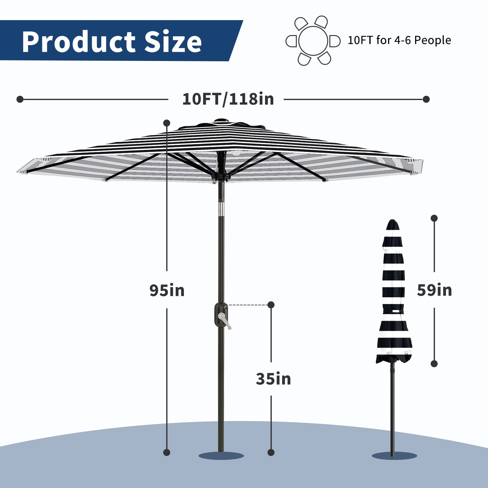 10FT Patio Umbrella for Outdoor Use – 8 Sturdy Ribs, UV Protection, Crank Lift & Push Button Tilt, Waterproof Market Parasol for Garden, Deck, Pool, or Yard – Black & White Stripes