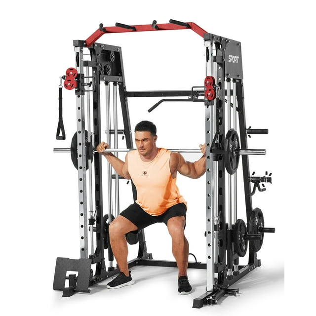 Smith Machine Power Cage for Home Gym – 2300 lbs Capacity Squat Rack with LAT Pulldown, Durable Cable Crossover, Leg Press Attachment – Multi-Function Multifunctional Fitness Equipment