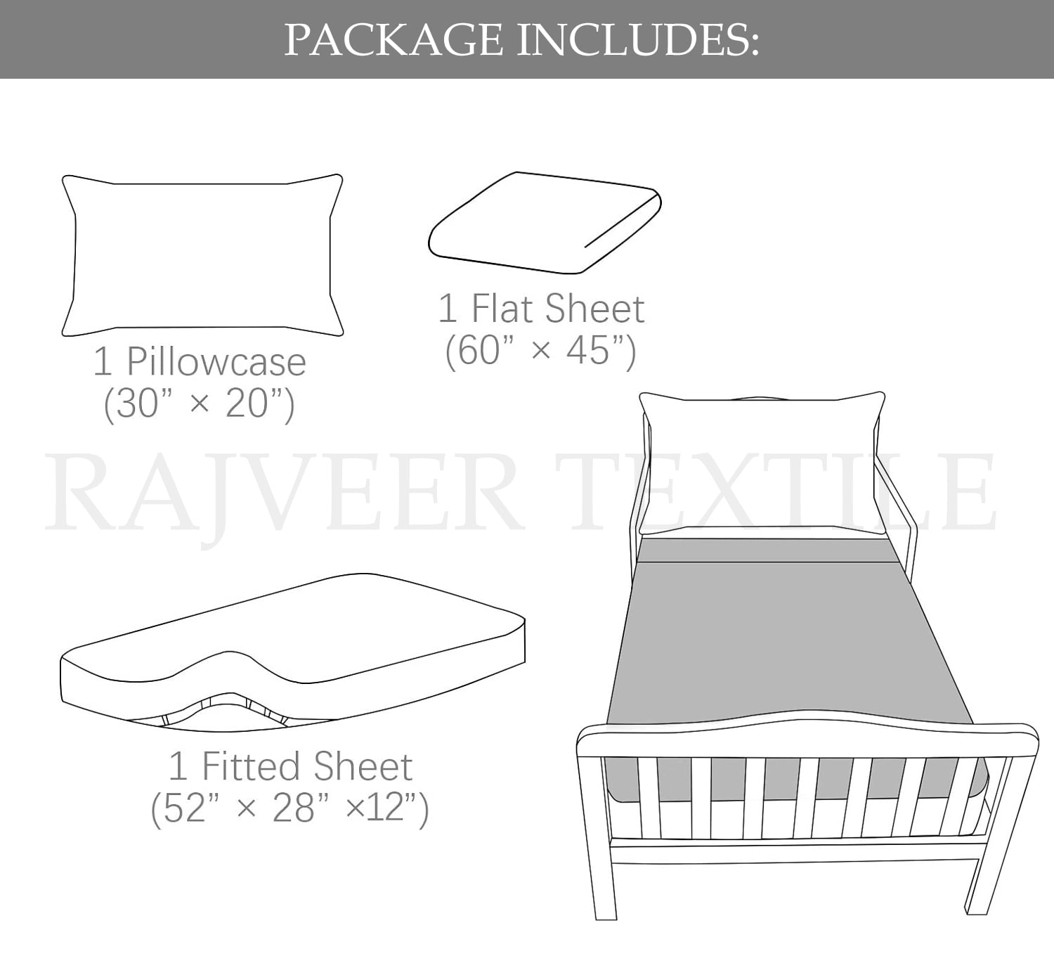 Egyptian Cotton 3 Piece Toddler Bedding Set Includes Crib Mattress Sheet Upto 12" Deep Pocket, Flat Sheet and Envelope Pillowcase, Silky Soft, Breathable and Lightweight, Dark Grey Color