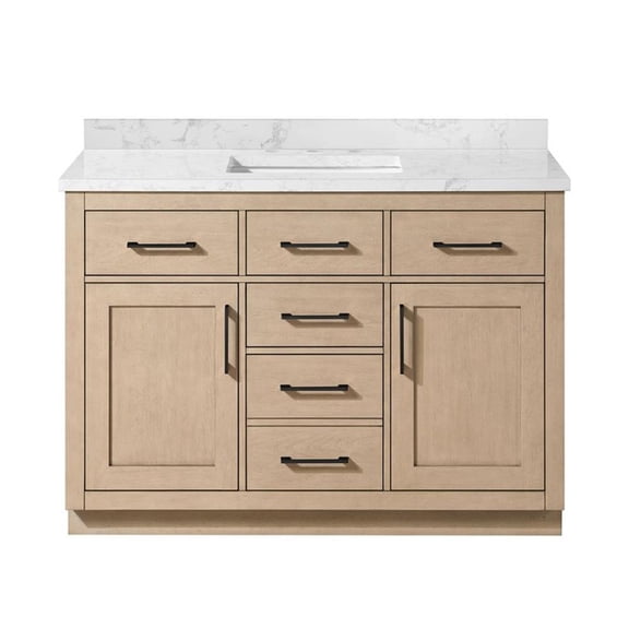Pemberly Row 48" Sahara Birch Vanity with Top and Matte Black Hardware