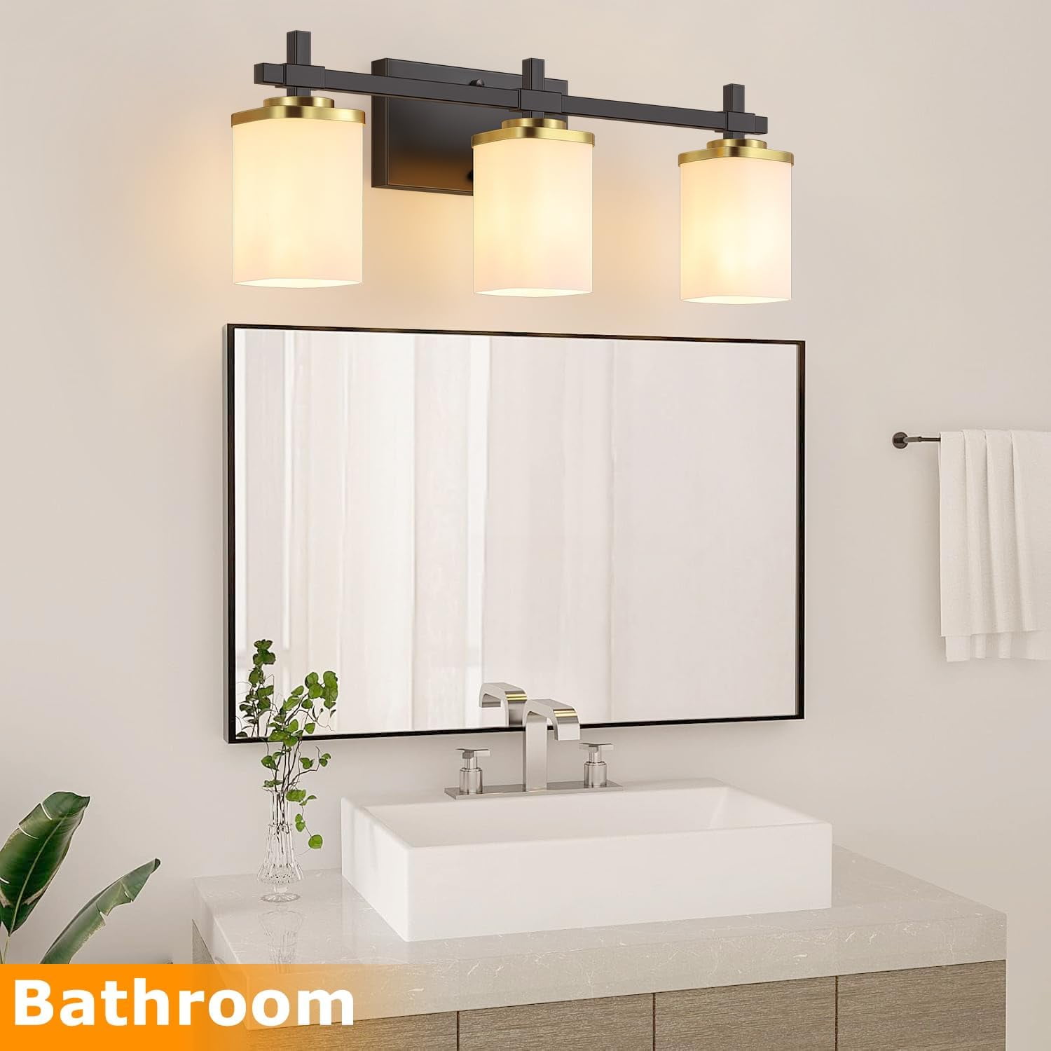 Bathroom Light Fixtures, 3-Light Coastal Vanity Lights with Milky White Frosted Glass Shade, Black Bathroom Wall Lamp for Mirror Kitchen Hallway Cabinet