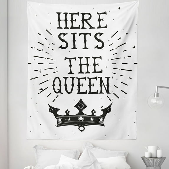 Queen Tapestry, Vintage Grunge Here Sits the Queen Words Antique Crown Royalty Theme Hipster, Fabric Wall Hanging Decor for Bedroom Living Room Dorm, 5 Sizes, Charcoal Grey White, by Ambesonne
