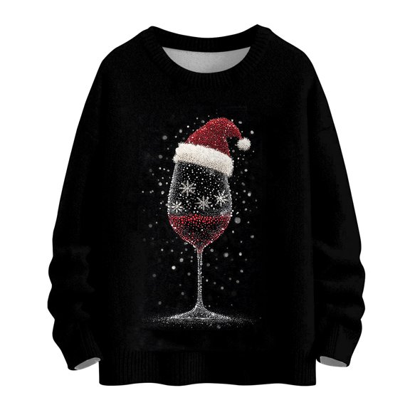 WTOBBY Women's Casual Long Sleeve Christmas Sweatshirt, Woolen Pullover with Fun Print, Ideal for Fall Vacations and Winter Holiday Events,Black L