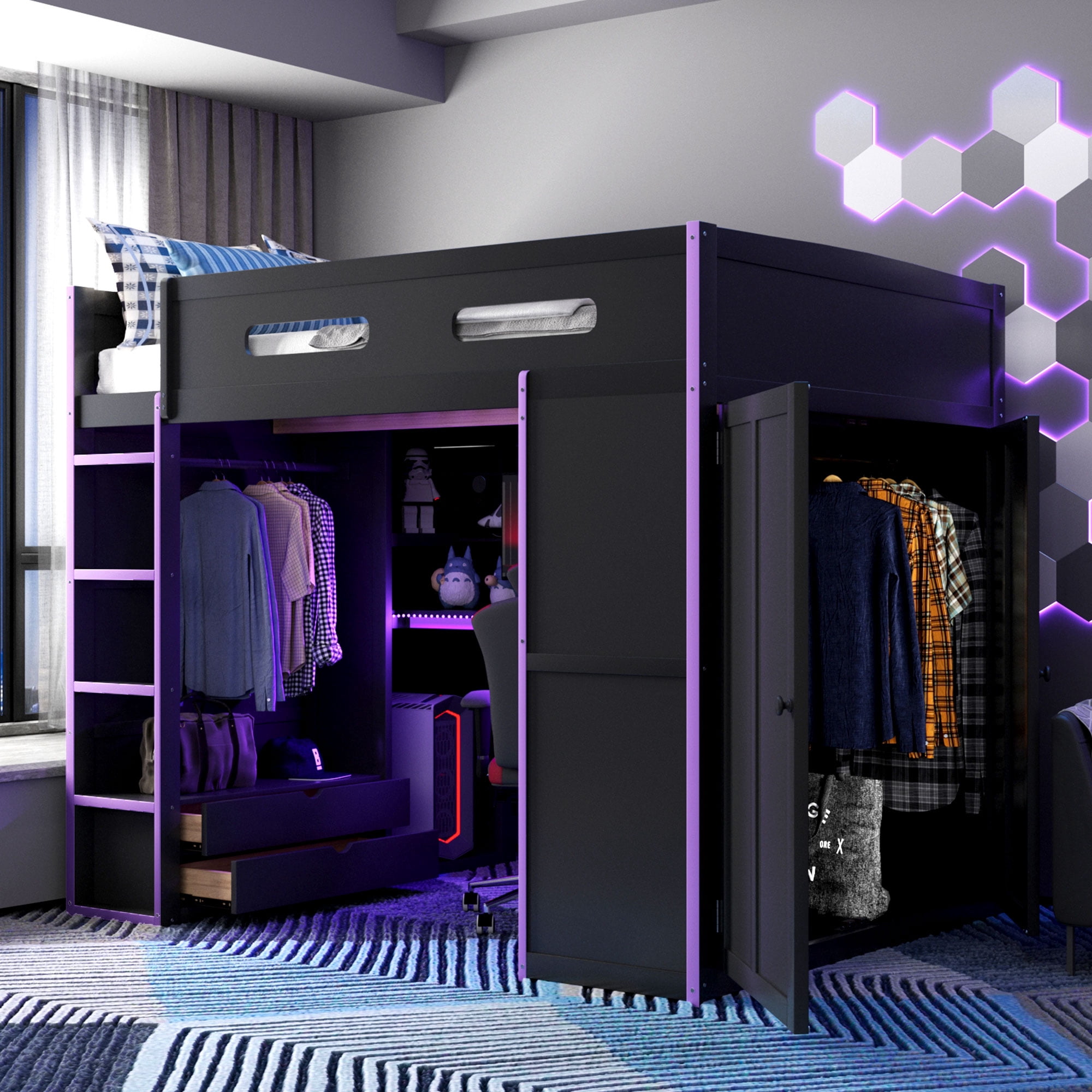 Mintazer Full Size Gaming Loft Bed with Desk & Dual Wardrobes, Esports Loft Bed with RGB LED Light & Storage Drawers, Black & Purple