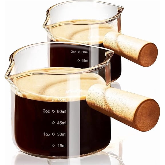 Funpisea Set of 2 Glass Espresso Cups with Wooden Handle, 3.5oz Measuring Cup